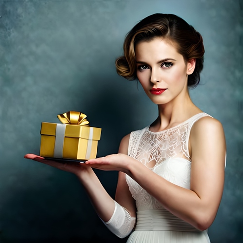 A woman holding a golden gift in her hand